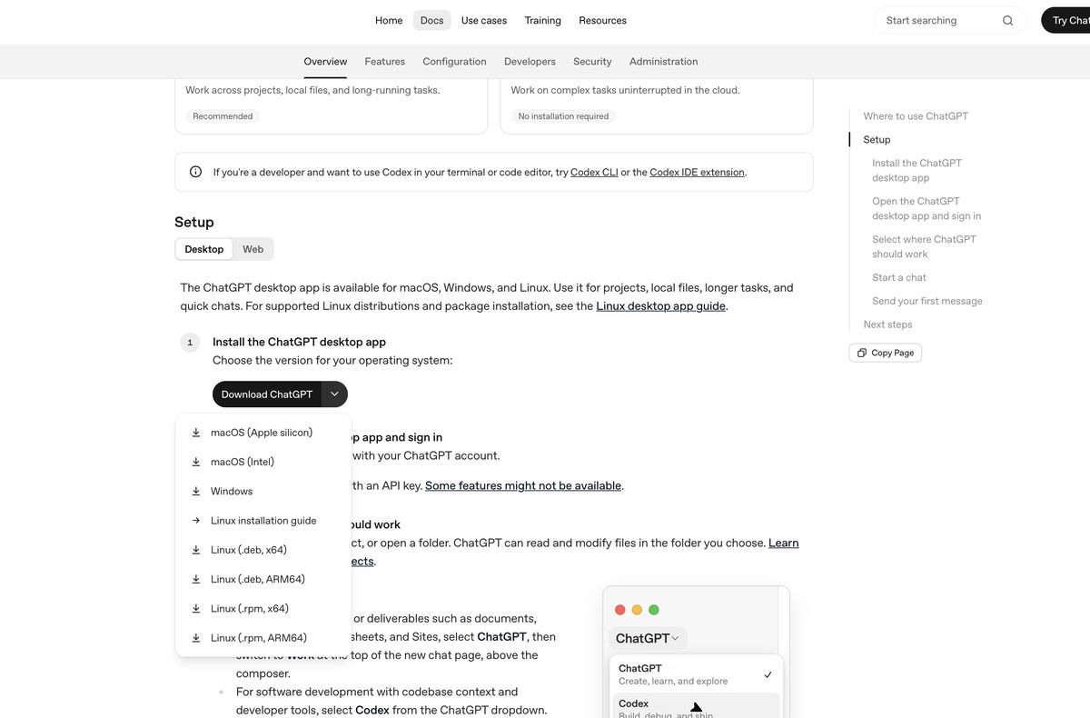 Codex 下载页面下拉菜单,列出 macOS (Apple silicon)、macOS (Intel)、Windows、Linux 等版本